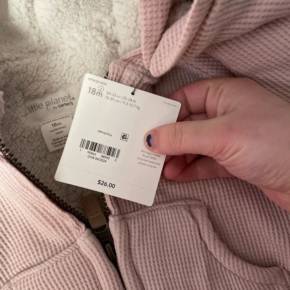 NWT Carters Little Planet fuzzy jacket size 18M light mauve pink